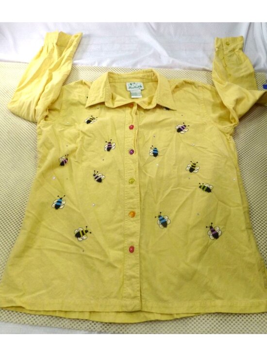 The Quacker Factory Tops - Bee-Themed Yellow Button-Up Shirt Quacker Factory Embroidery & Rhinestones L Lon